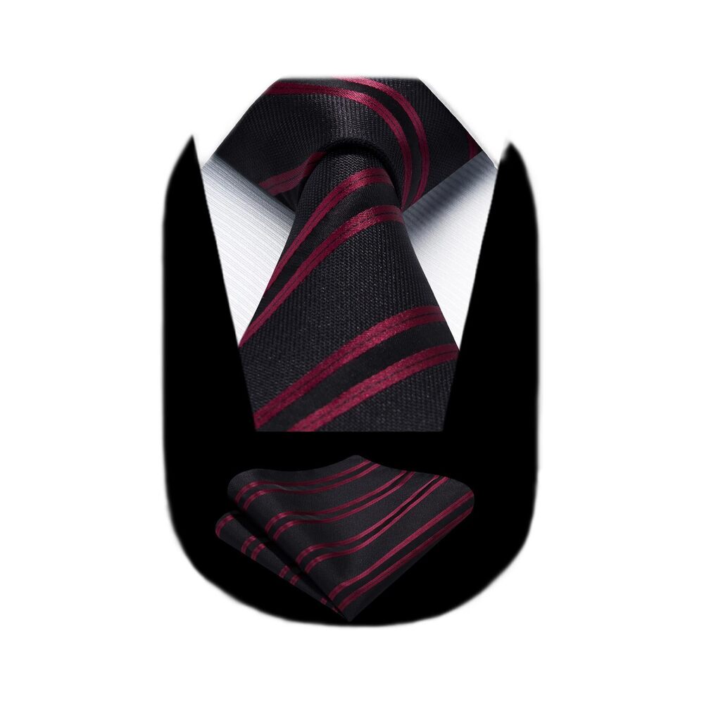 4239 Tie Black Red Stripe Ties with Pocket Square Set Business Formal Solid